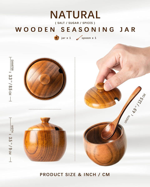 Jujube Wood Salt Container for Countertop, 6 Ounces Capacity Salt Cellar with Lid and Spoon, 3.3x3.5 inch Salt Box, Unique Salt Holder for Kitchen, Elegant Wooden Salt and Pepper Bowl