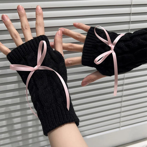 Cable Knitted Hand Warmer Half Finger Mittens with Silky Bowknot, Women's Arm Warmers Sleeve Gloves for Winter