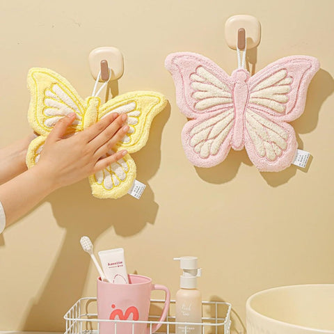 Butterfly Shaped Hanging Hand Towel 3 Pcs Set, Extra Thick Coral Fleece Ultra Absorbent Kitchen Bathroom Towel with Loop