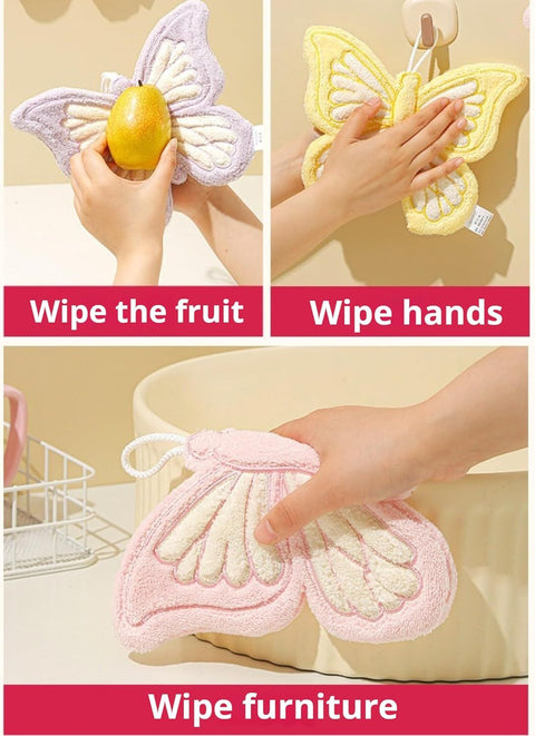 Butterfly Shaped Hanging Hand Towel 3 Pcs Set, Extra Thick Coral Fleece Ultra Absorbent Kitchen Bathroom Towel with Loop