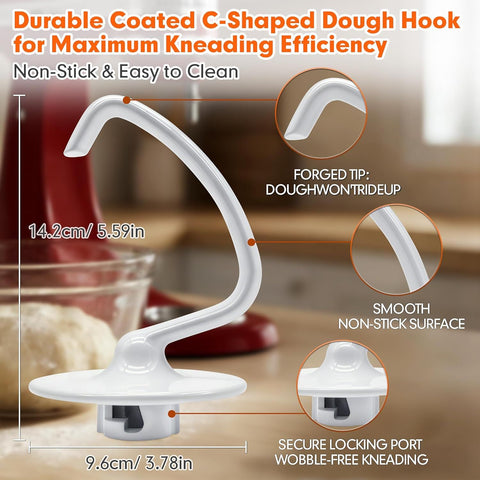 K45DH Dough Hook for KitchenAid 4.5–5 Quart Tilt-Head Stand Mixers, Coated C-Shaped Bread Hook Attachment, Replacement for K45 K45SS KSM90 KSM150, Kneads Pizza & Yeast Dough