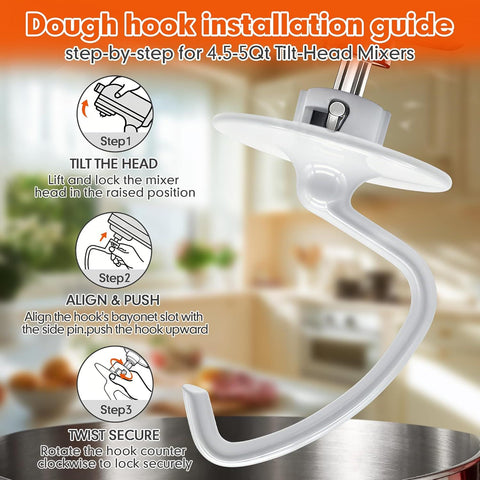 K45DH Dough Hook for KitchenAid 4.5–5 Quart Tilt-Head Stand Mixers, Coated C-Shaped Bread Hook Attachment, Replacement for K45 K45SS KSM90 KSM150, Kneads Pizza & Yeast Dough