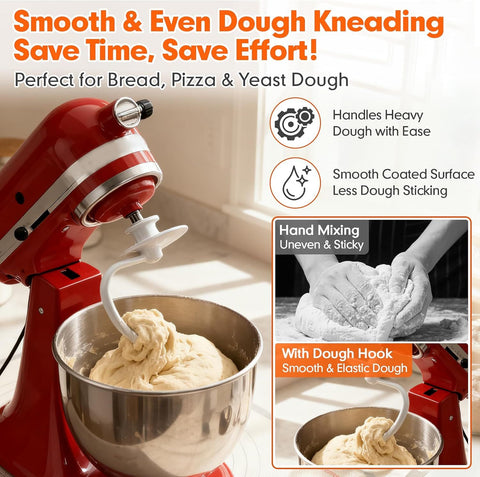 K45DH Dough Hook for KitchenAid 4.5–5 Quart Tilt-Head Stand Mixers, Coated C-Shaped Bread Hook Attachment, Replacement for K45 K45SS KSM90 KSM150, Kneads Pizza & Yeast Dough