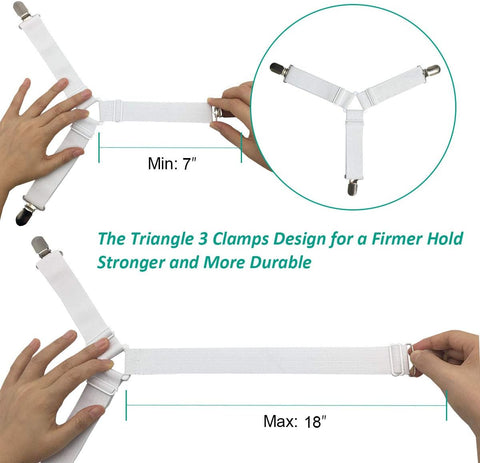 Bed Sheet Fasteners, Adjustable Mattress Suspenders, Mattress Cover Straps, Bed Corner Holder and Keepers and the Bed Sheet Grippers Clips (Triangle White Set of 4)