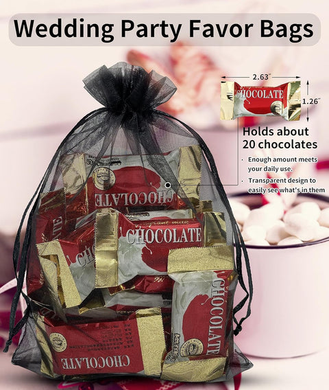 100PCS Sheer Organza Bag 5''X7'' Black Mesh Bags Drawstring Gift Bag Small for Jewelry Goodie Candy Wedding Party Favor Pouch Bags (Black)