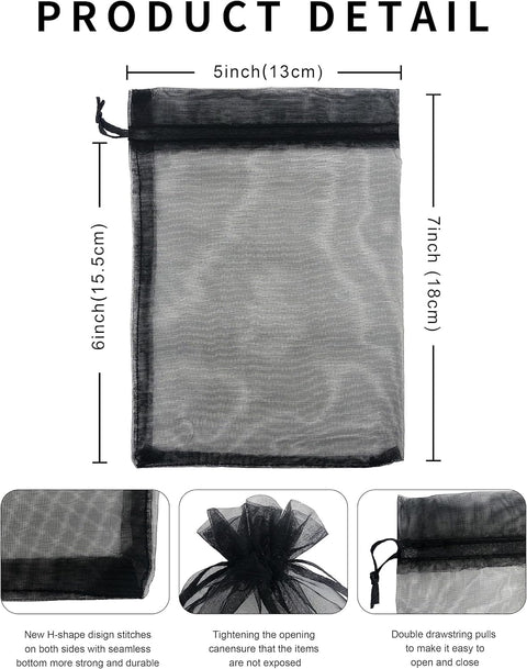 100PCS Sheer Organza Bag 5''X7'' Black Mesh Bags Drawstring Gift Bag Small for Jewelry Goodie Candy Wedding Party Favor Pouch Bags (Black)