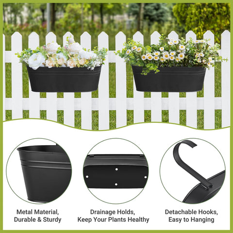 3 Pcs Metal Hanging Flower Pots for Railing Fence Outdoor Planter 15.7 Inch Hanging Bucket Pots Countryside Window Flower Plant Holder with Detachable Hooks for Garden Yard Home Decor,Black