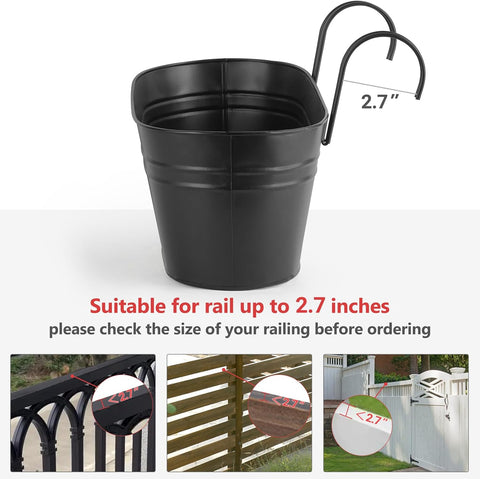 3 Pcs Metal Hanging Flower Pots for Railing Fence Outdoor Planter 15.7 Inch Hanging Bucket Pots Countryside Window Flower Plant Holder with Detachable Hooks for Garden Yard Home Decor,Black