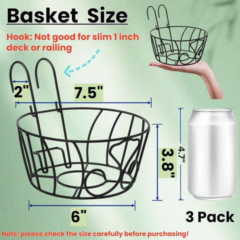 3 Pack Railing Hanging Planter Holders, Small Metal Fence Planters Baskets for 1 to 2 Inches Railing, Round Iron Flower Pot Hangers with Base Patio Balcony Garden Outdoor Plants