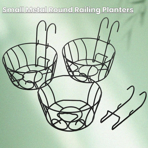 3 Pack Railing Hanging Planter Holders, Small Metal Fence Planters Baskets for 1 to 2 Inches Railing, Round Iron Flower Pot Hangers with Base Patio Balcony Garden Outdoor Plants