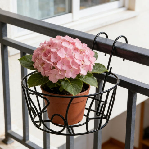3 Pack Railing Hanging Planter Holders, Small Metal Fence Planters Baskets for 1 to 2 Inches Railing, Round Iron Flower Pot Hangers with Base Patio Balcony Garden Outdoor Plants