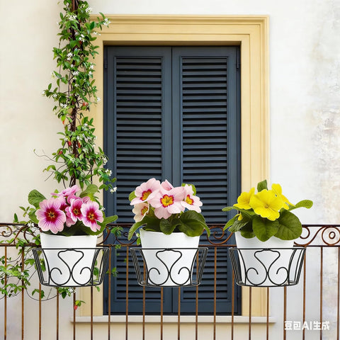 3 Pack Railing Hanging Planter Holders, Small Metal Fence Planters Baskets for 1 to 2 Inches Railing, Round Iron Flower Pot Hangers with Base Patio Balcony Garden Outdoor Plants