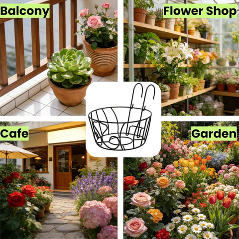 3 Pack Railing Hanging Planter Holders, Small Metal Fence Planters Baskets for 1 to 2 Inches Railing, Round Iron Flower Pot Hangers with Base Patio Balcony Garden Outdoor Plants