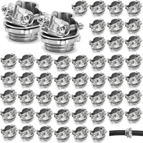 50 Pack 1/2 Inch Clamp Type Cable Connectors, Zinc Alloy and Steel Electrical Conduit Fittings for NM Cable, Rust Resistant Non-Metallic Wire Clamps to Protect Cables, Silver