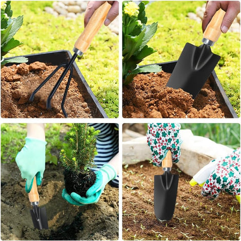 Garden tool set, 3-piece high-performance garden set with garden trowel, Frankfurter shovel and hand rake, mini-plant, garden tool, wooden handle for planting flowers and grass