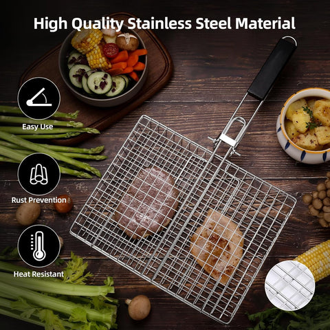 Fish Grilling Basket, Folding Portable Stainless Steel BBQ Grill Basket for Fish Vegetables Shrimp with Removable Handle, with Basting Brush and Storage Bag