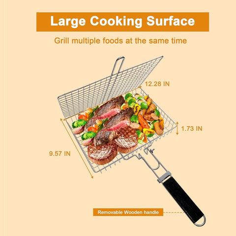 Fish Grilling Basket, Folding Portable Stainless Steel BBQ Grill Basket for Fish Vegetables Shrimp with Removable Handle, with Basting Brush and Storage Bag