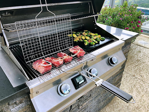 Fish Grilling Basket, Folding Portable Stainless Steel BBQ Grill Basket for Fish Vegetables Shrimp with Removable Handle, with Basting Brush and Storage Bag
