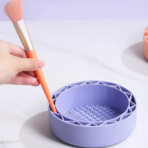 Makeup Brush Cleaner, Sillicon Brushes Cleaning Mat Brush Holder Bowl Prtable Cleaning Tool (Purple)