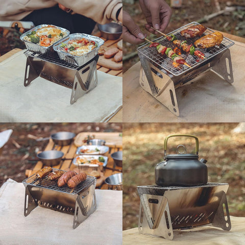 Portable Folding Camping Grill, Portable Fire Pit for Camping, Outdoor Campfire Grill Cooking for Picnics Fire Pit, Stainless Steel Assemblable Removable Stove with Grill Mesh