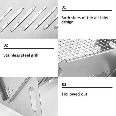 Portable Folding Camping Grill, Portable Fire Pit for Camping, Outdoor Campfire Grill Cooking for Picnics Fire Pit, Stainless Steel Assemblable Removable Stove with Grill Mesh
