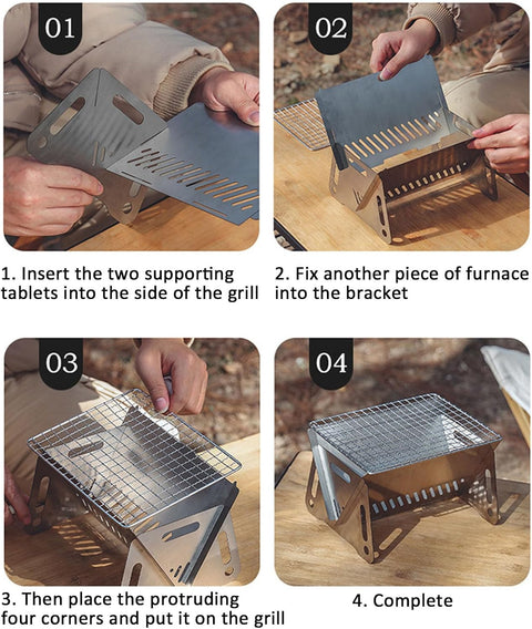 Portable Folding Camping Grill, Portable Fire Pit for Camping, Outdoor Campfire Grill Cooking for Picnics Fire Pit, Stainless Steel Assemblable Removable Stove with Grill Mesh