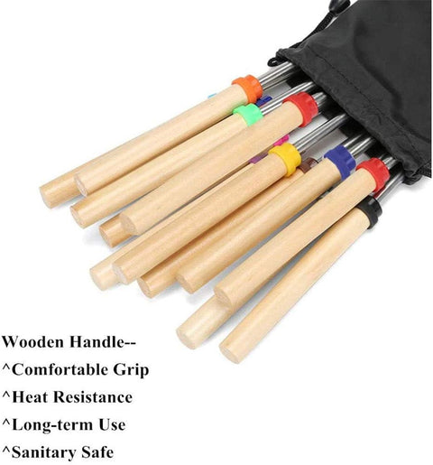Marshmallow Roasting Sticks, 10 Pack Roasting Sticks with Wooden Handle 32 Inch Extendable BBQ Forks Telescoping Sticks Telescopic Stainless Steel Skewers for Grilling,Campfire