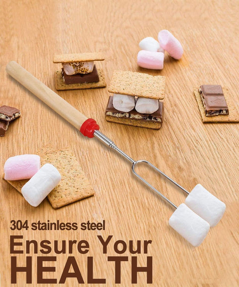 Marshmallow Roasting Sticks, 10 Pack Roasting Sticks with Wooden Handle 32 Inch Extendable BBQ Forks Telescoping Sticks Telescopic Stainless Steel Skewers for Grilling,Campfire