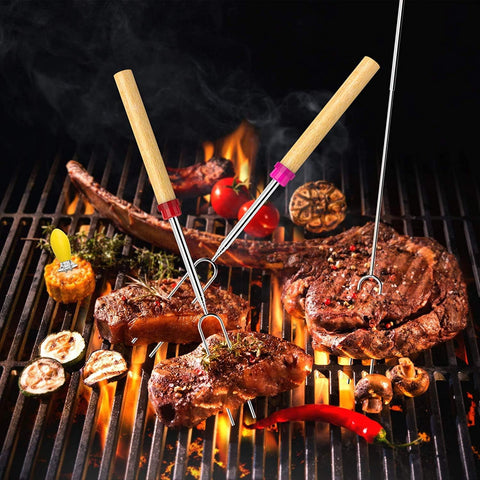 Marshmallow Roasting Sticks, 10 Pack Roasting Sticks with Wooden Handle 32 Inch Extendable BBQ Forks Telescoping Sticks Telescopic Stainless Steel Skewers for Grilling,Campfire