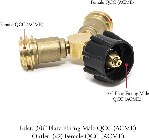 Propane Splitter, Propane Y Splitter Tee Solid Brass with 1-Male QCC and 2-Female QCC for BBQ Grill,Camping Stoves, Gas Burners, Heater, Fire Pit