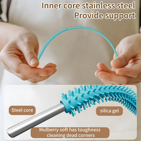 2Pcs Silicone Straw Cleaner Brush, 9.84 Inch Extra Long Straw Brush, Reusable Pipe Crevice Cleaning Brushes with Bendable Steel core (Blue, Orange)