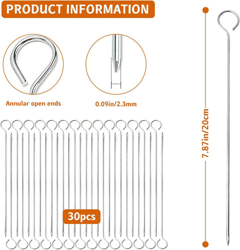 30 Pcs Kebab Skewers, 7.9 Inch Stainless Steel Barbeque Skewers with Ring-Tip Handle, Reusable BBQ Grilling Kabob Skewer for Chicken, Fruit, Vegetable, Meat