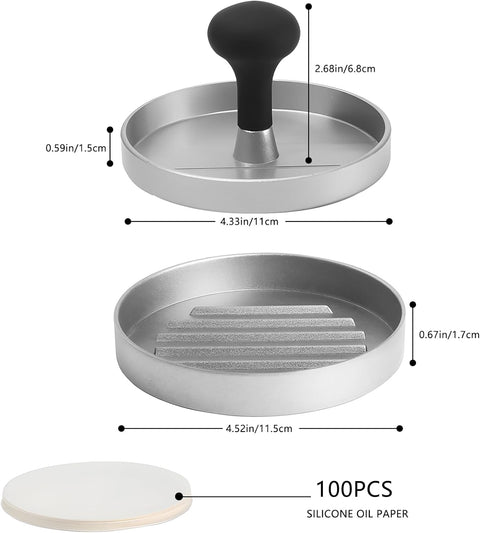 Hamburger Press Patty Maker, 4.6 in Food Grade Aluminum Burger Press, Non-Stick, with 100 Pcs Wax Paper, for Grilling and Cooking