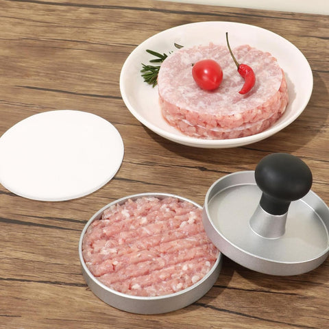 Hamburger Press Patty Maker, 4.6 in Food Grade Aluminum Burger Press, Non-Stick, with 100 Pcs Wax Paper, for Grilling and Cooking