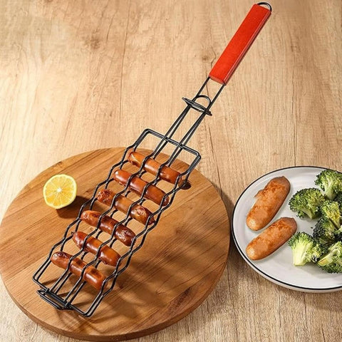 Hotdog Bbq Basket, Stainless Steel Hotdog Roller Grill With Wood Handle Sausage Roller Rack Hot Dog Roller Basket for Kitchen, Party and Campfires Cooking