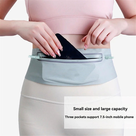 Waterproof Sports Waist Pack with 3 Zippered Compartments for Running, Gym, Hiking - Adjustable 55-120cm Belt, Fits 7.5" Phones - Black, Pink, Grey, Sky Blue, Dark Grey