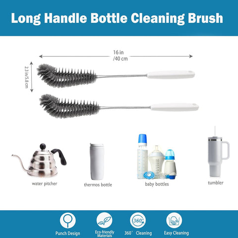 15.7" (40cm) Flexible Long Black Bottle Cleaning Brush for Kitchen and Dining - Perfect for Baby Bottles, Sports Bottles, Glassware, Mugs, Jars, and Stemware (2-pc)