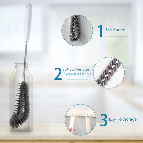 15.7" (40cm) Flexible Long Black Bottle Cleaning Brush for Kitchen and Dining - Perfect for Baby Bottles, Sports Bottles, Glassware, Mugs, Jars, and Stemware (2-pc)