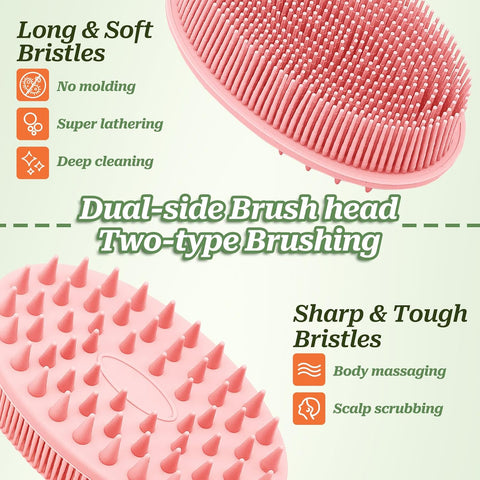 Soft Silicone Body Scrubber 2PCS, Dual-Side Silicone Loofah for Shower, Gentle Loofa Alternative, Replaceable Brush Head to be Used alone or with Long Handle (Pinkx2)
