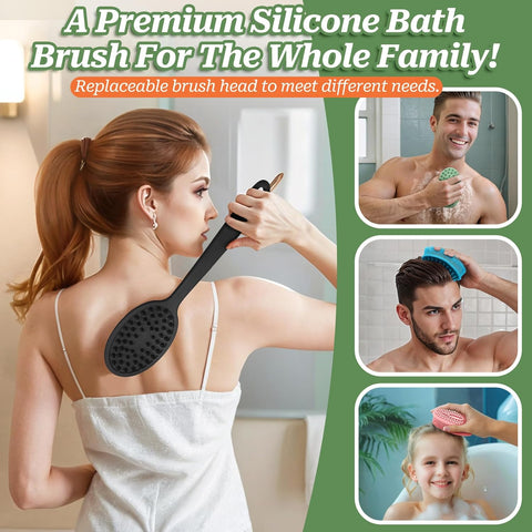 Soft Silicone Body Scrubber 2PCS, Dual-Side Silicone Loofah for Shower, Gentle Loofa Alternative, Replaceable Brush Head to be Used alone or with Long Handle (Pinkx2)