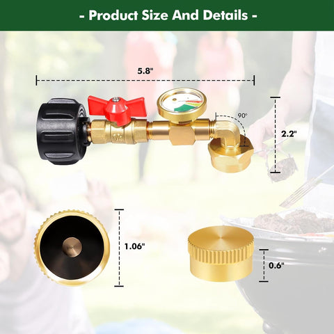 Propane Refill Adapter 20lb to 1lb Camping, 90 Degree Upgrade Propane Tank Adapter 20lb to 1lb Converter with Gauge and Control Valve for Propane Heater Grill Stove, 4 Caps Included,Solid Brass