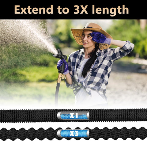 75 FT Garden Hose – 2025 Upgarded Expandable Garden Hose w/10 Pattern Spray Nozzle, 650psi Pure Brass 3/4” Fittings – Lightweight, Durable, and Kink-Free, Retractable Water Hoses for Gardening(Black)