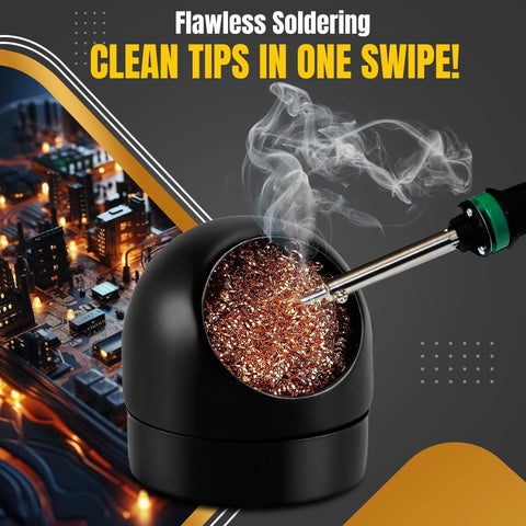 Solder Cleaner with Brass Wool Soldering Wire Sponge and Black, Dome-Shaped, Non-Slip Solder Sponge Tray Housing, Soldering Iron Tip Cleaner, No Water Needed