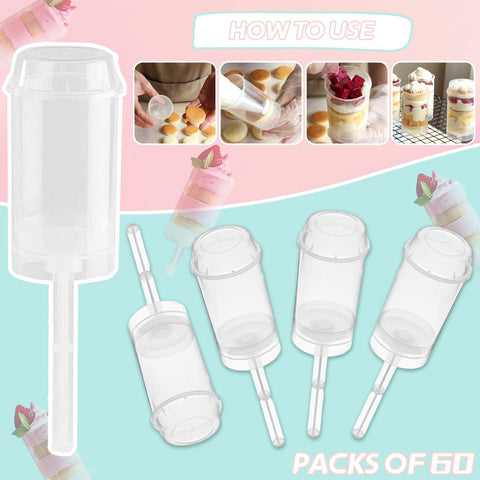 60 pcs Round Shape Clear Push-Up Cake Pop Shooter (Push Up Pops) Plastic Containers with Lids, Base & Stick