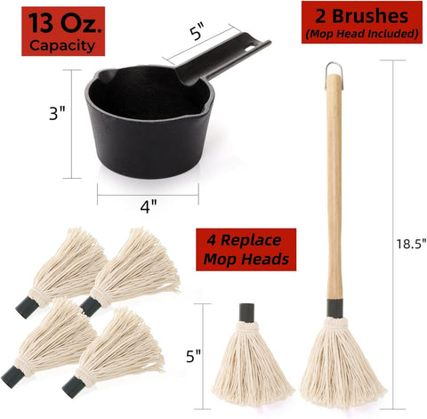 Cast Iron Sauce Pot and BBQ Mop Brush Set for Grilling, 7 Pcs Barbecue Accessories Include Basting Melting Saucepan, Wooden with 4 Replacements Meat Smoker, Grill, Stove