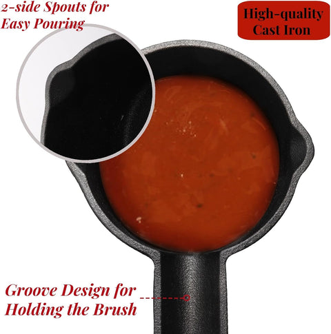 Cast Iron Sauce Pot and BBQ Mop Brush Set for Grilling, 7 Pcs Barbecue Accessories Include Basting Melting Saucepan, Wooden with 4 Replacements Meat Smoker, Grill, Stove