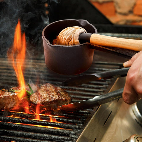 Cast Iron Sauce Pot and BBQ Mop Brush Set for Grilling, 7 Pcs Barbecue Accessories Include Basting Melting Saucepan, Wooden with 4 Replacements Meat Smoker, Grill, Stove