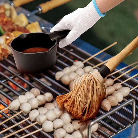 Cast Iron Sauce Pot and BBQ Mop Brush Set for Grilling, 7 Pcs Barbecue Accessories Include Basting Melting Saucepan, Wooden with 4 Replacements Meat Smoker, Grill, Stove