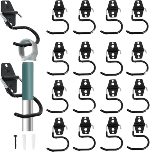 16 Pack Metal Broom Hooks, Heavy Duty Garage Holder Wall Mount, S Type Anti-Slip Mop Rack, Cleaning Tools Storage Organizer Hanger for Shovel Rakes Shed Garden Lawn Yard