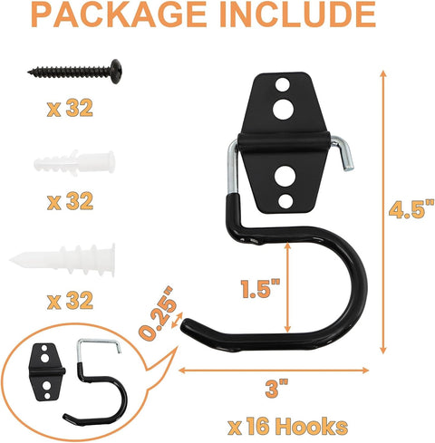 16 Pack Metal Broom Hooks, Heavy Duty Garage Holder Wall Mount, S Type Anti-Slip Mop Rack, Cleaning Tools Storage Organizer Hanger for Shovel Rakes Shed Garden Lawn Yard